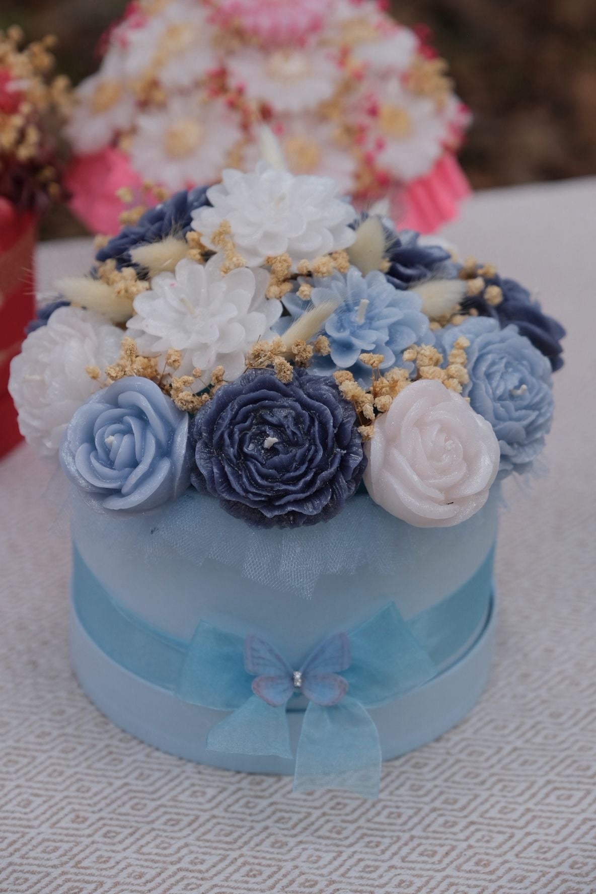 Özel Mum Buketi Mavi Beyaz