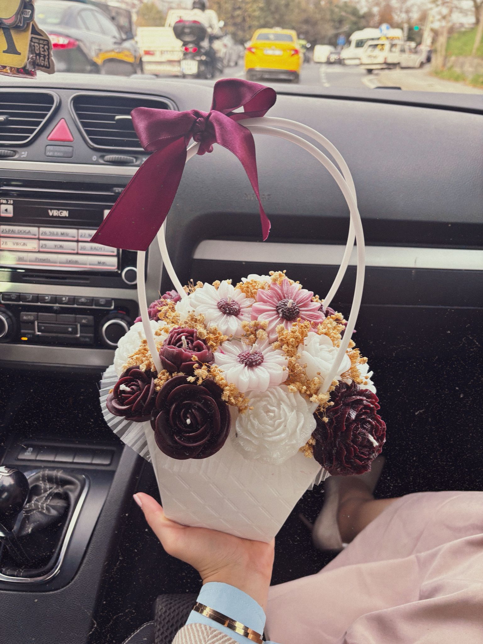 Mumlu Çiçek Çantası Beyaz Mürdüm